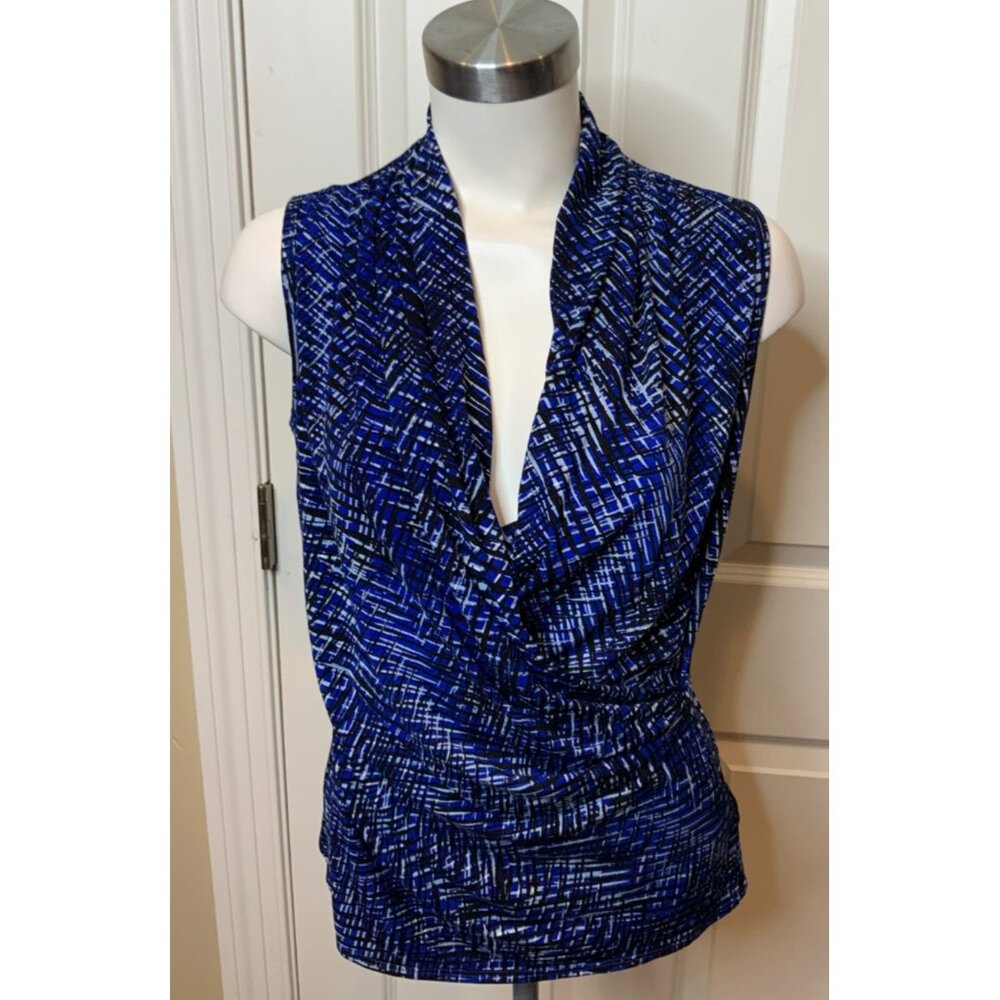 St. John Regal Blue Splatter Check Sleeveless Wrap Top NWT $245, Size Small